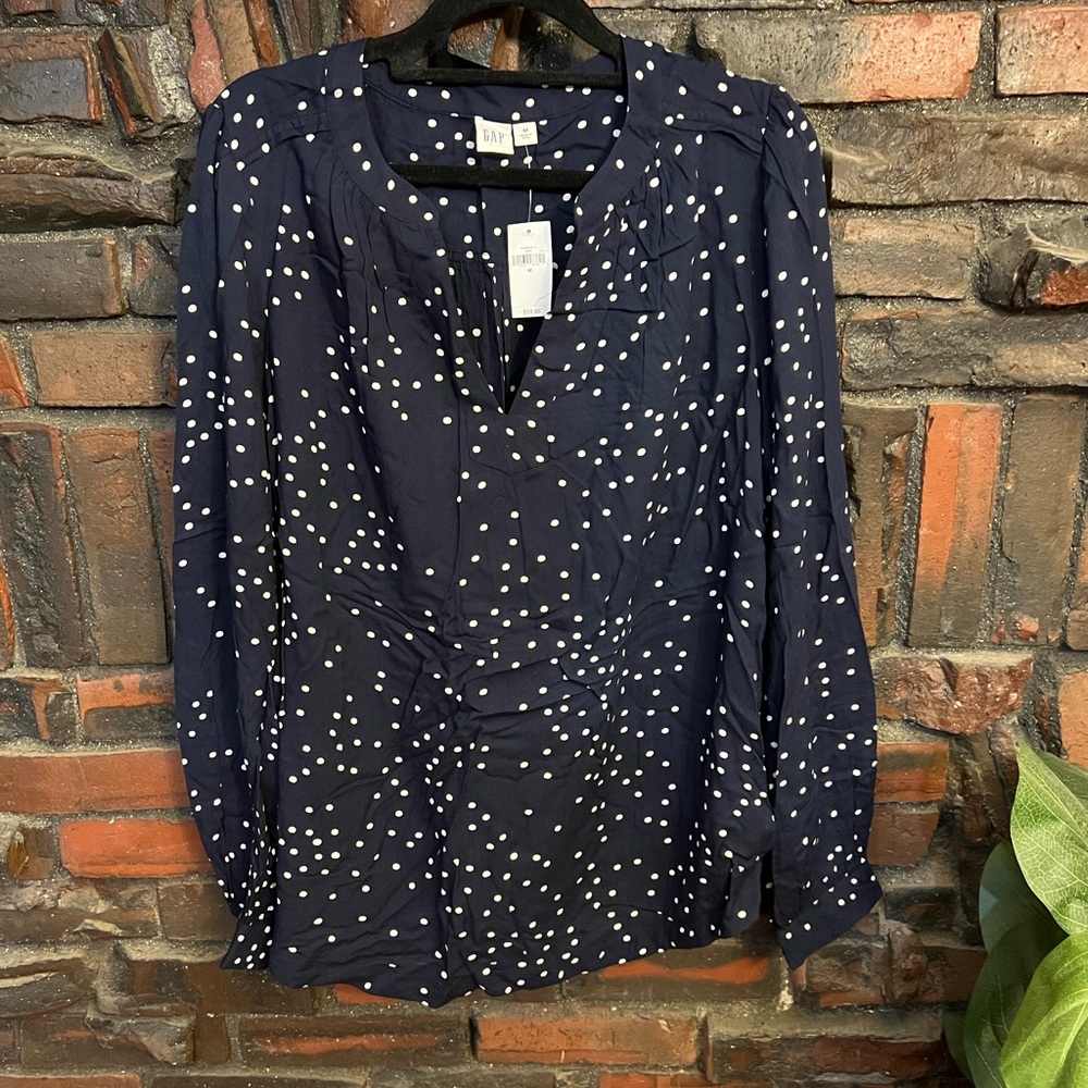 NWT GAP Navy & White Blouse with Mandarin Collar and Long Sleeves